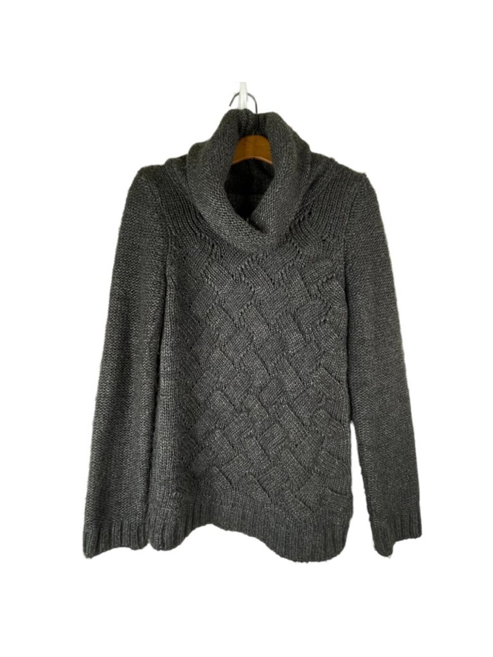AVA Sweater Small Alpaca Wool Cable Knit Pullover Cowl Neck Gray Warm Fisherman